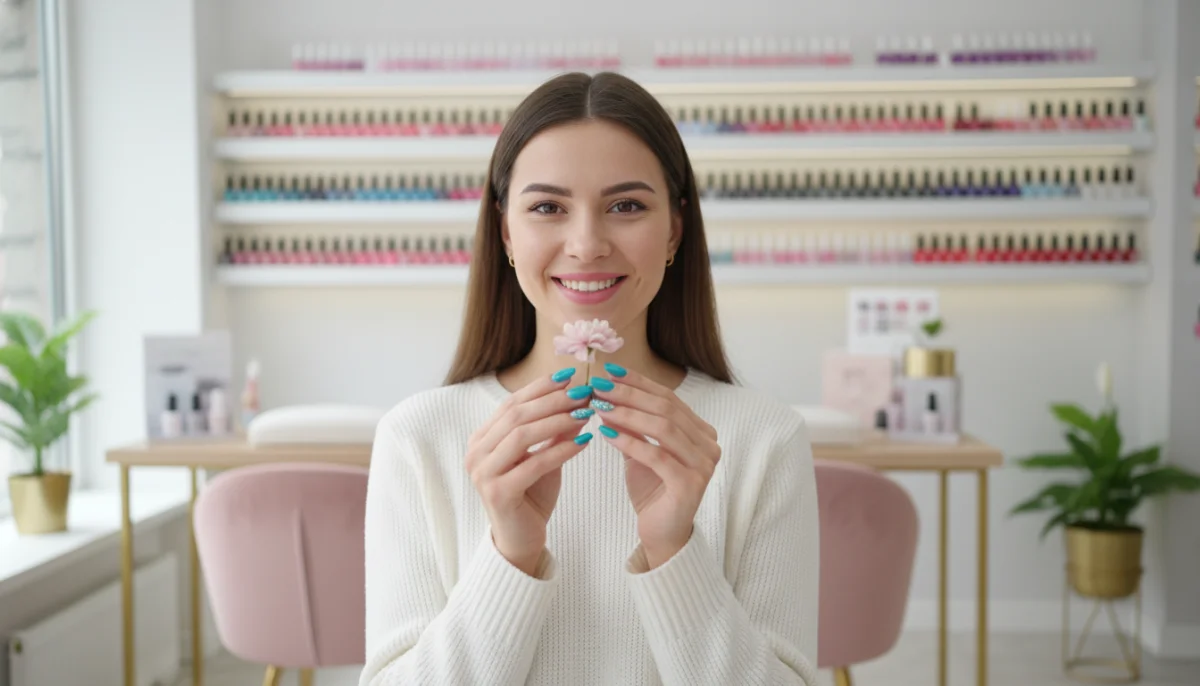 Onglerie Aulnay sous bois : femme souriante aux ongles manucurés avec fleur dans salon moderne