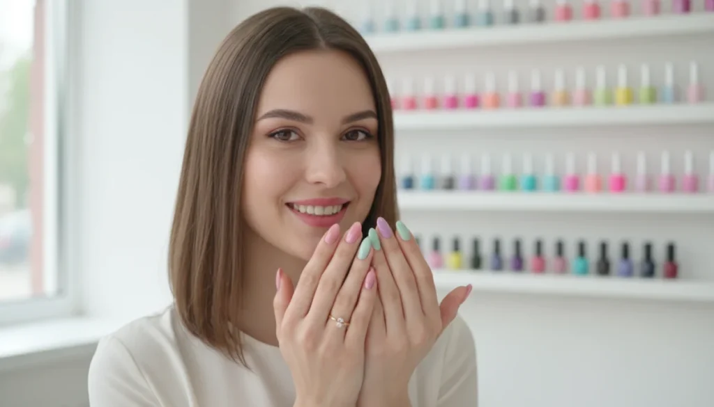 Onglerie Boulogne Billancourt : femme souriante aux mains manucurées dans un salon moderne.