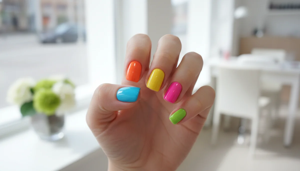 Main féminine avec manucure colorée dans un salon d'onglerie moderne à Clamart.