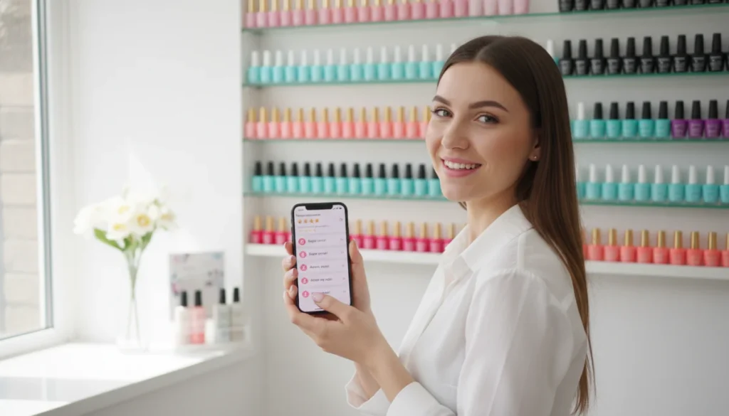 Onglerie Mantes la Jolie : femme souriante avec manucure parfaite tenant un téléphone et avis clients.