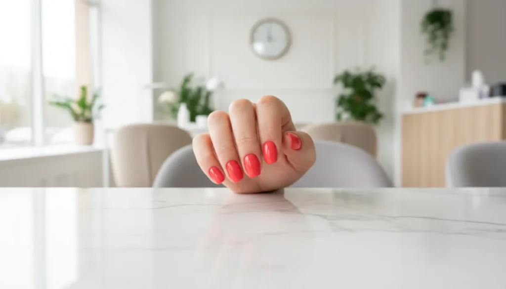 Main soignée avec vernis coloré dans un salon d'onglerie moderne à Paris 15.