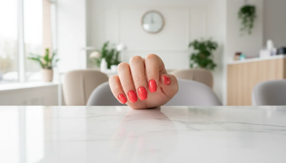 Main soignée avec vernis coloré dans un salon d'onglerie moderne à Paris 15.