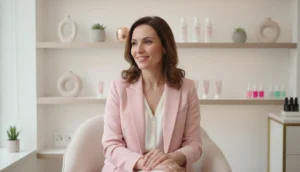 Femme souriante dans l'onglerie Paris Madeleine, ambiance élégante et relaxante.