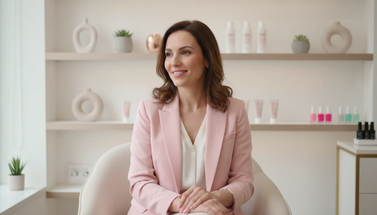 Femme souriante dans l'onglerie Paris Madeleine, ambiance élégante et relaxante.