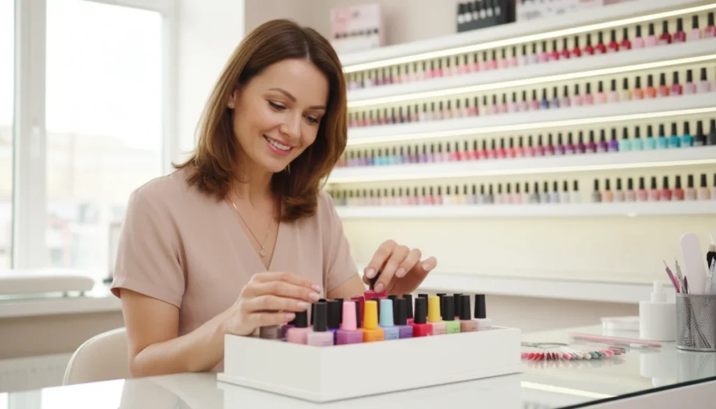 Client souriante choisissant vernis dans une onglerie moderne à Poissy.