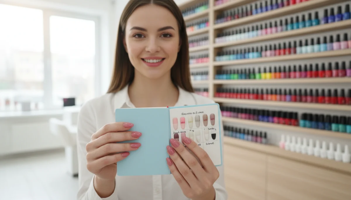 Femme aux mains manucurées dans une onglerie moderne à Rueil-Malmaison, consultant ses options.