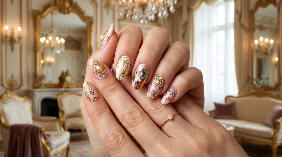 Main élégante avec manucure baroque luxueuse, onglerie Versailles.