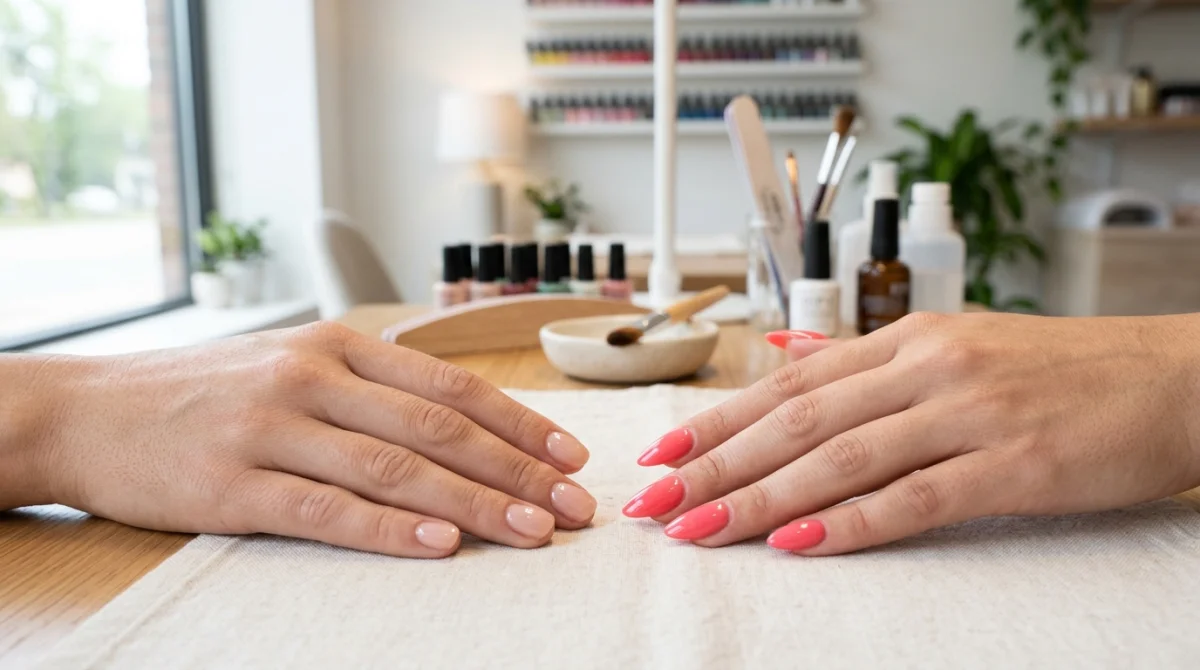 Mains féminines comparant ongles résine naturels et acrylique, salon beauté moderne