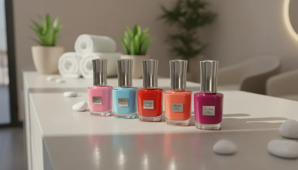 Flacons de vernis colorés sur un comptoir de salon d'onglerie à Montrouge