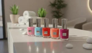 Flacons de vernis colorés sur un comptoir de salon d'onglerie à Montrouge