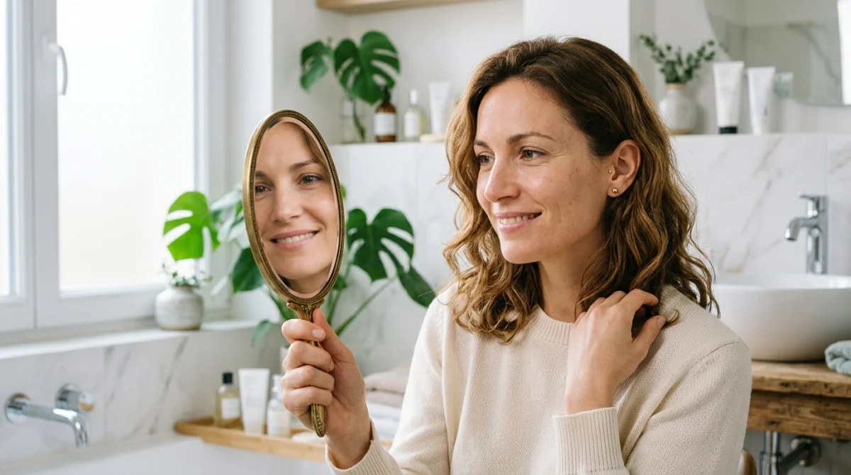 Femme souriante et sereine se regardant dans un miroir pour son avis sur l'épilation moustache femme.