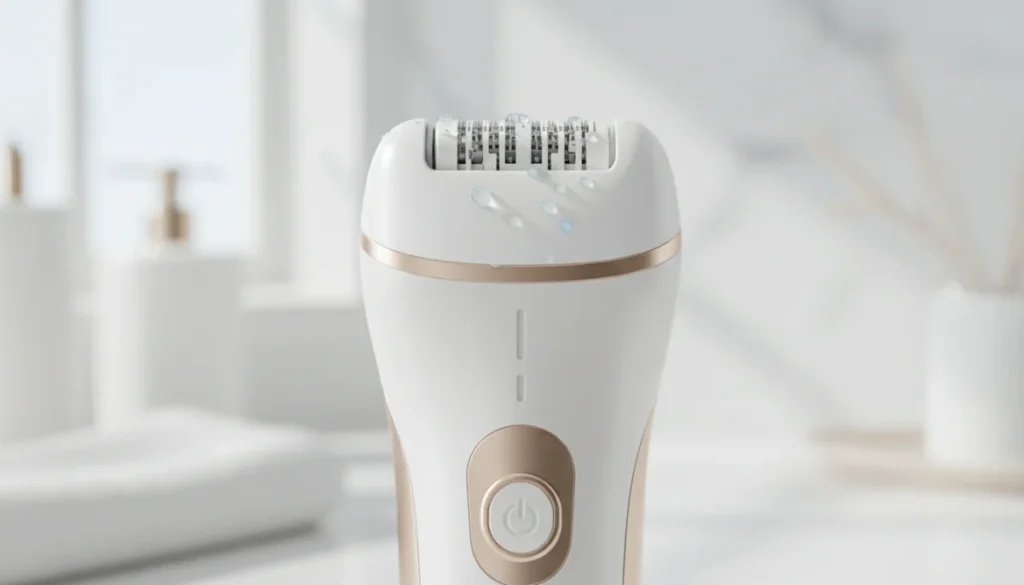 Braun Silk-épil 9 : épilateur électrique or et blanc, tête large, usage douche, design moderne.