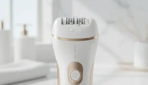 Braun Silk-épil 9 : épilateur électrique or et blanc, tête large, usage douche, design moderne.