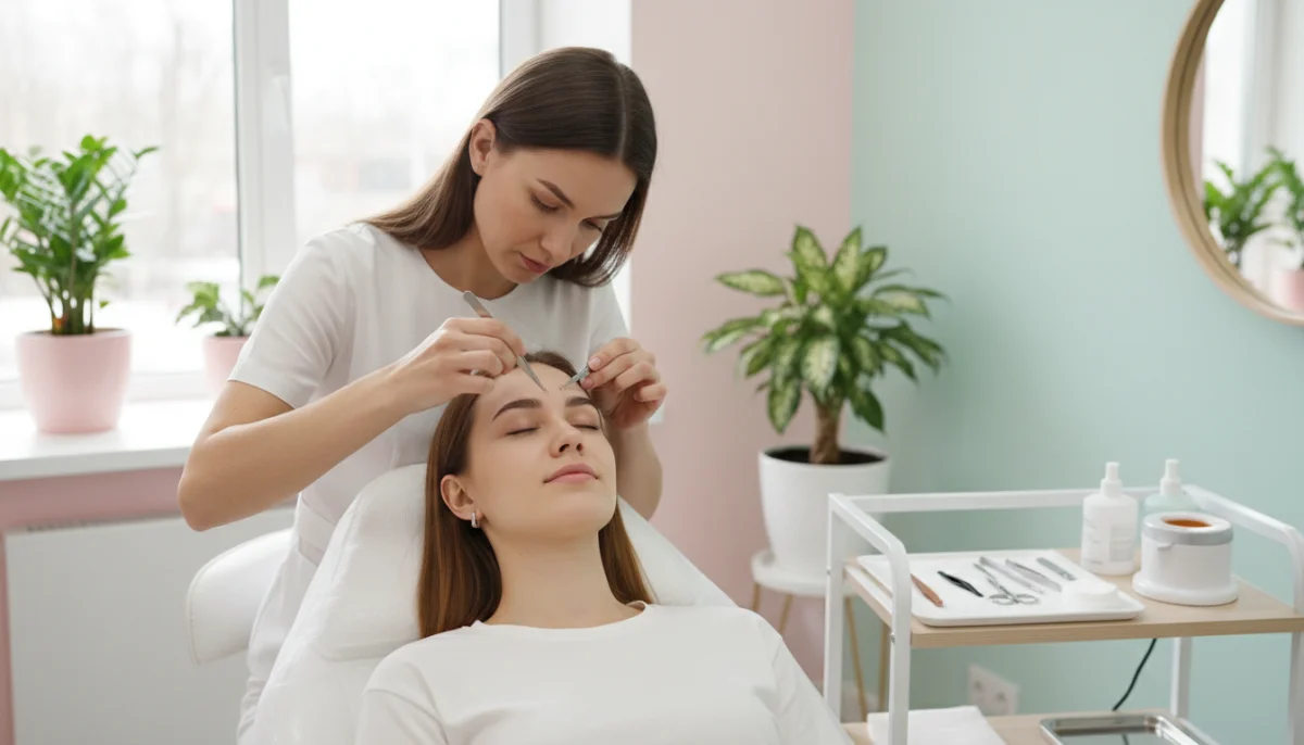 Esthéticienne épilant les sourcils d'une cliente détendue dans un institut moderne - Epil House avis