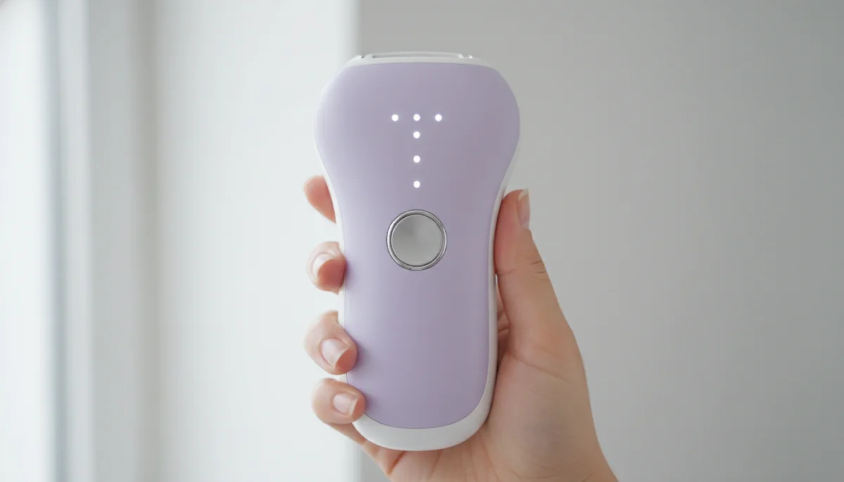 Épilateur Appy IPL dans une main, design moderne et ergonomique, fond domestique épuré