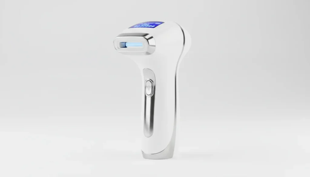 Avis épilateur Bloomy blanc et argenté, vue de face, design moderne, écran LED.