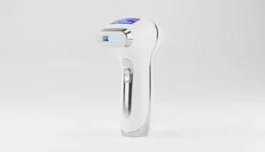 Avis épilateur Bloomy blanc et argenté, vue de face, design moderne, écran LED.