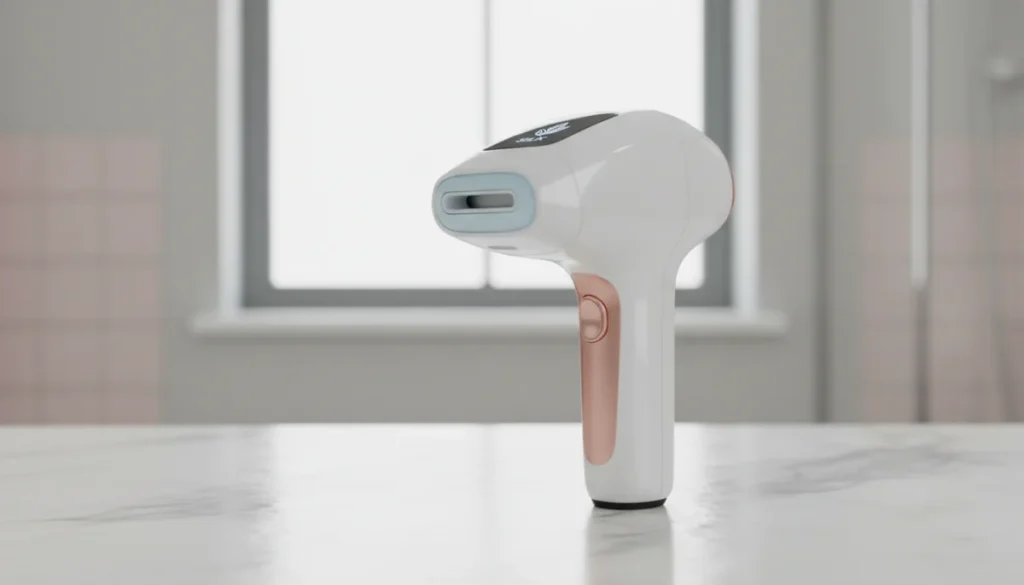 Appareil d'épilation lumière pulsée moderne sur fond doux, avis et analyse.