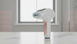 Appareil d'épilation lumière pulsée moderne sur fond doux, avis et analyse.