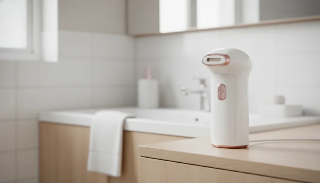 Épilateur lumière pulsée Lindywell blanc et rose sur meuble de salle de bain épuré