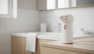 Épilateur lumière pulsée Lindywell blanc et rose sur meuble de salle de bain épuré