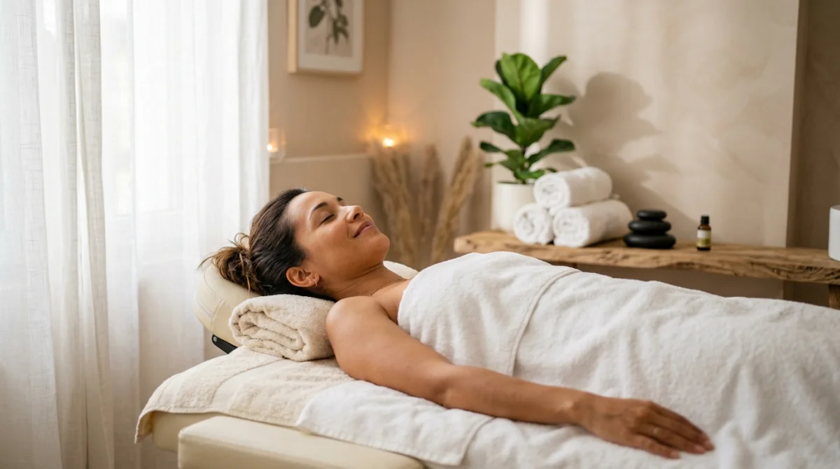 Personne détendue profitant d'un massage relaxant dans un spa moderne et apaisant à Aulnay-sous-Bois.
