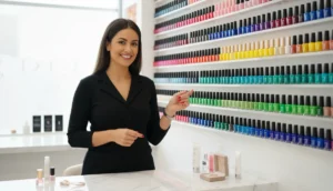 Onglerie Paris 16 : cliente souriante choisissant vernis colorés dans salon moderne