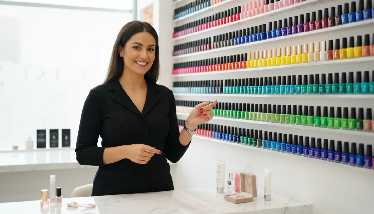 Onglerie Paris 16 : cliente souriante choisissant vernis colorés dans salon moderne