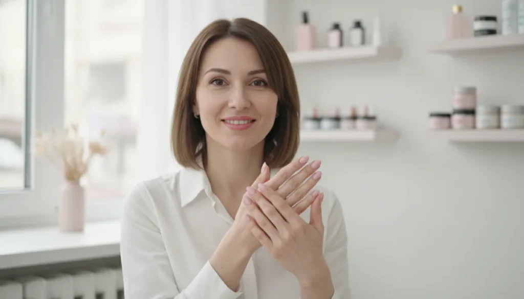 Femme souriante affichant ses mains manucurées dans un salon d'onglerie moderne à Saint Denis.