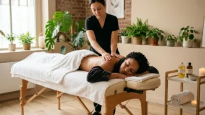 Personne profitant d'un massage relaxant dans un studio moderne et apaisant à Montreuil.