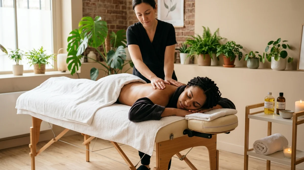 Personne profitant d'un massage relaxant dans un studio moderne et apaisant à Montreuil.