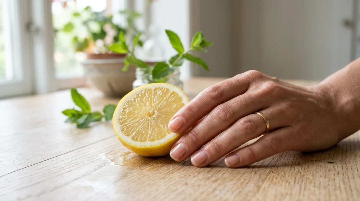 Main aux ongles soignés posée près d'un citron frais pour illustrer comment arrêter de se ronger les ongles.