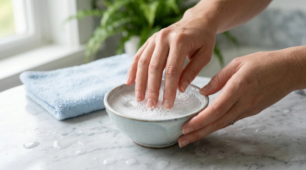 Mains de femme trempant ses doigts dans un bol de bicarbonate pour apprendre comment blanchir les ongles naturellement.