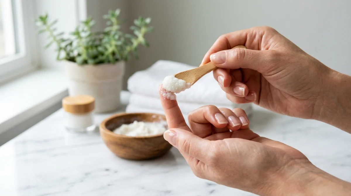 Mains soignées appliquant une pâte blanchissante naturelle sur les ongles dans une salle de bain lumineuse.
