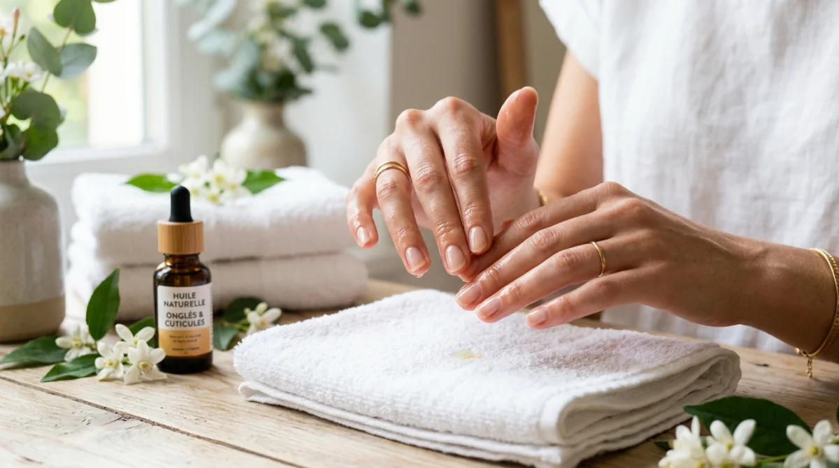 Mains de femme appliquant une huile naturelle sur ses ongles pour les durcir et les hydrater efficacement.