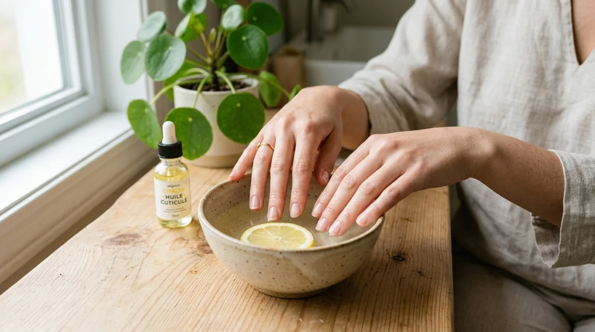 Mains soignées plongeant dans un soin naturel au citron pour apprendre comment durcir ses ongles en 1 semaine.