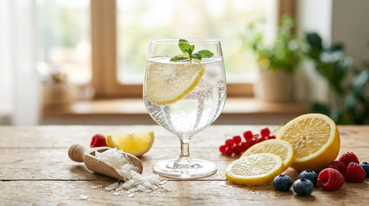 Verre de boisson pétillante au collagène avec citron et baies pour illustrer notre avis sur Glow25.