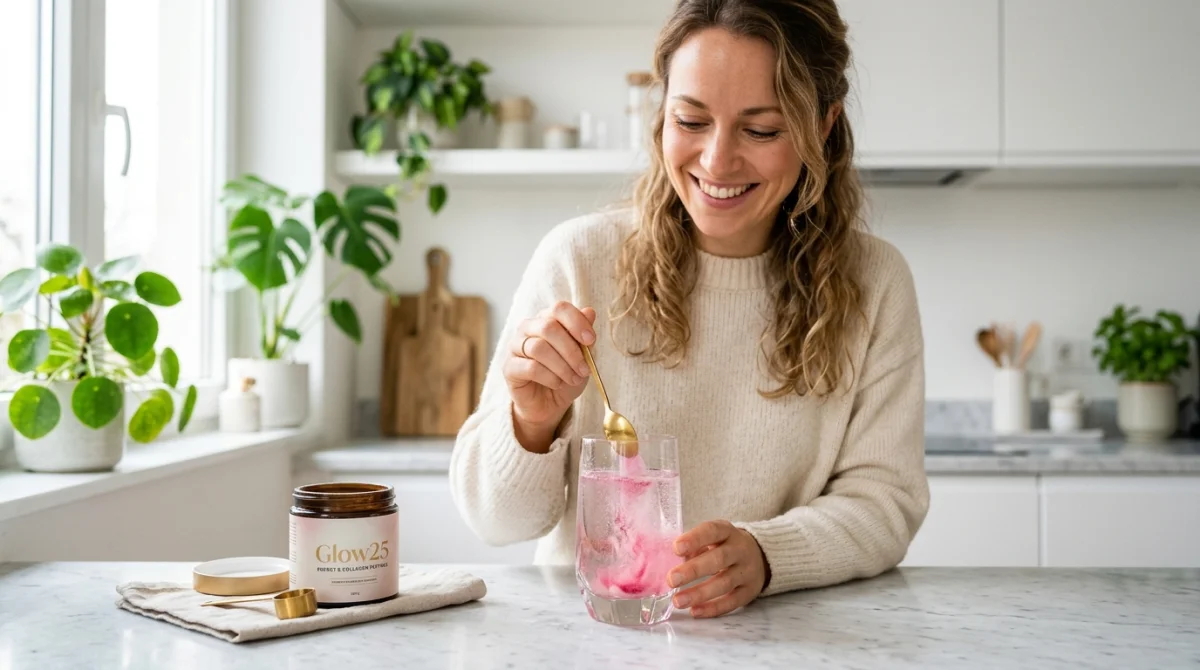 Personne souriante préparant une boisson énergisante Glow25 dans une cuisine moderne pour illustrer notre avis détaillé.