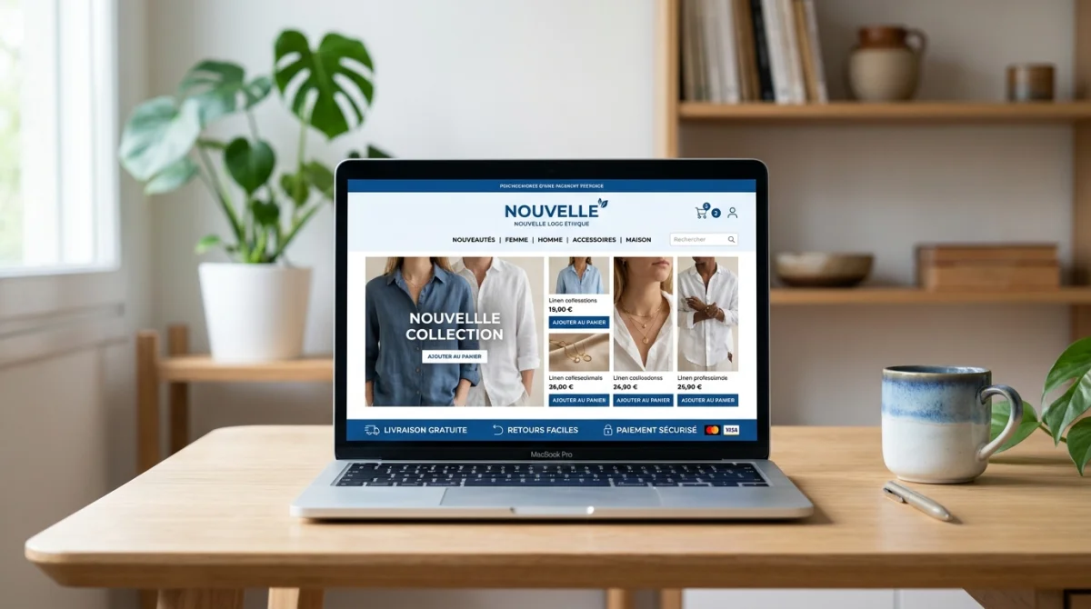 Ordinateur portable affichant une boutique en ligne moderne pour illustrer les avis clients sur Eline Paris.