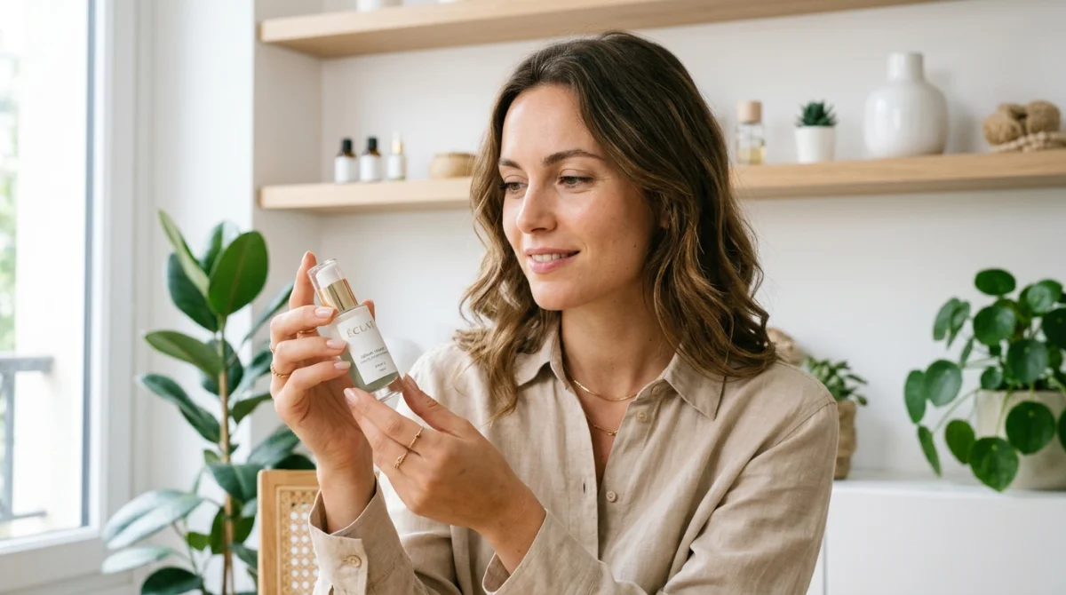 Femme élégante examinant un produit de soin Eline Paris dans un intérieur lumineux et moderne.