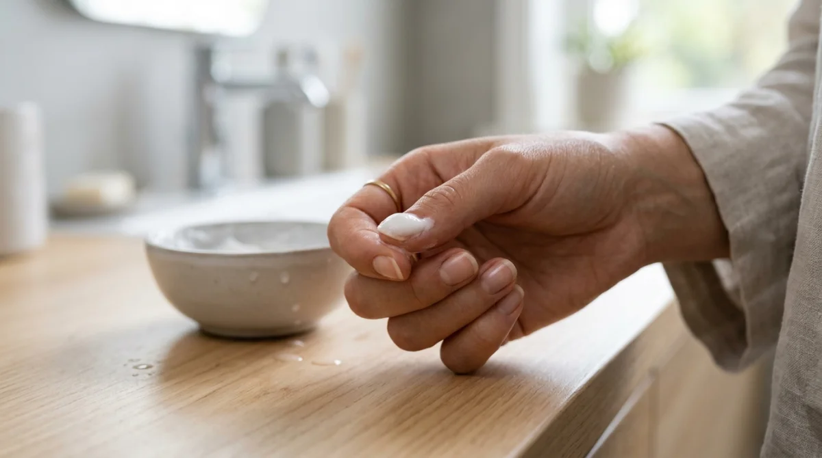 Gros plan sur une main appliquant une pâte de bicarbonate pour blanchir naturellement les ongles dans une salle de bain.