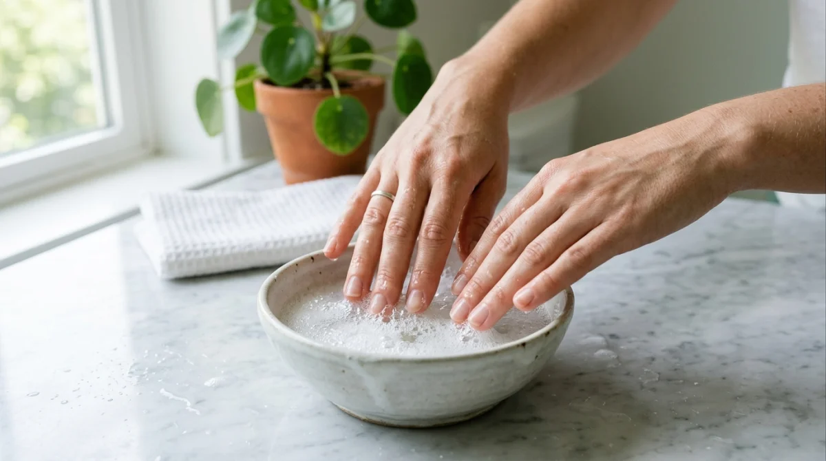 Mains plongeant les ongles dans un bol d'eau et bicarbonate pour expliquer comment blanchir les ongles naturellement.