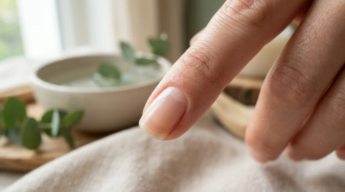 Gros plan sur une main aux ongles sains et brillants dans un spa, illustrant pourquoi les ongles se dédoublent.