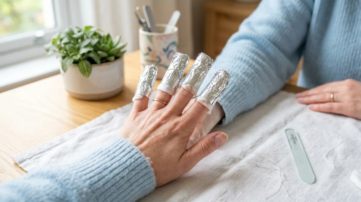 Main avec des capsules en cours de retrait, utilisant des cotons et du papier aluminium pour une manucure maison.