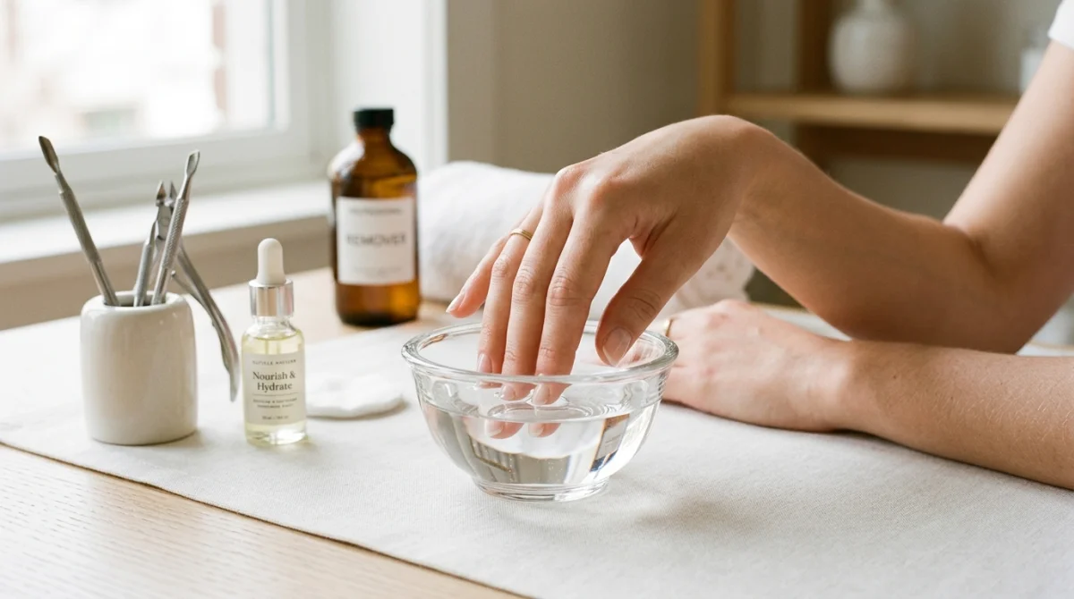 Main féminine trempant ses ongles dans un bol de dissolvant pour apprendre comment enlever des capsules ongles facilement.