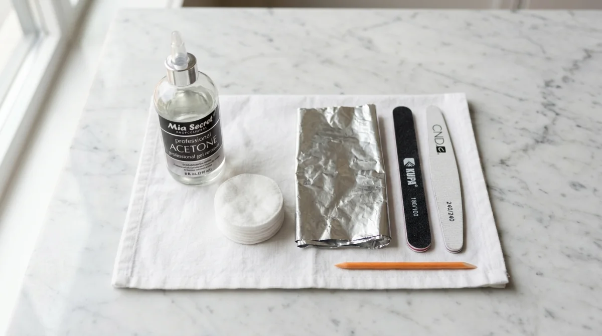 Kit complet d'outils et accessoires nécessaires pour apprendre comment enlever des ongles en gel chez soi.
