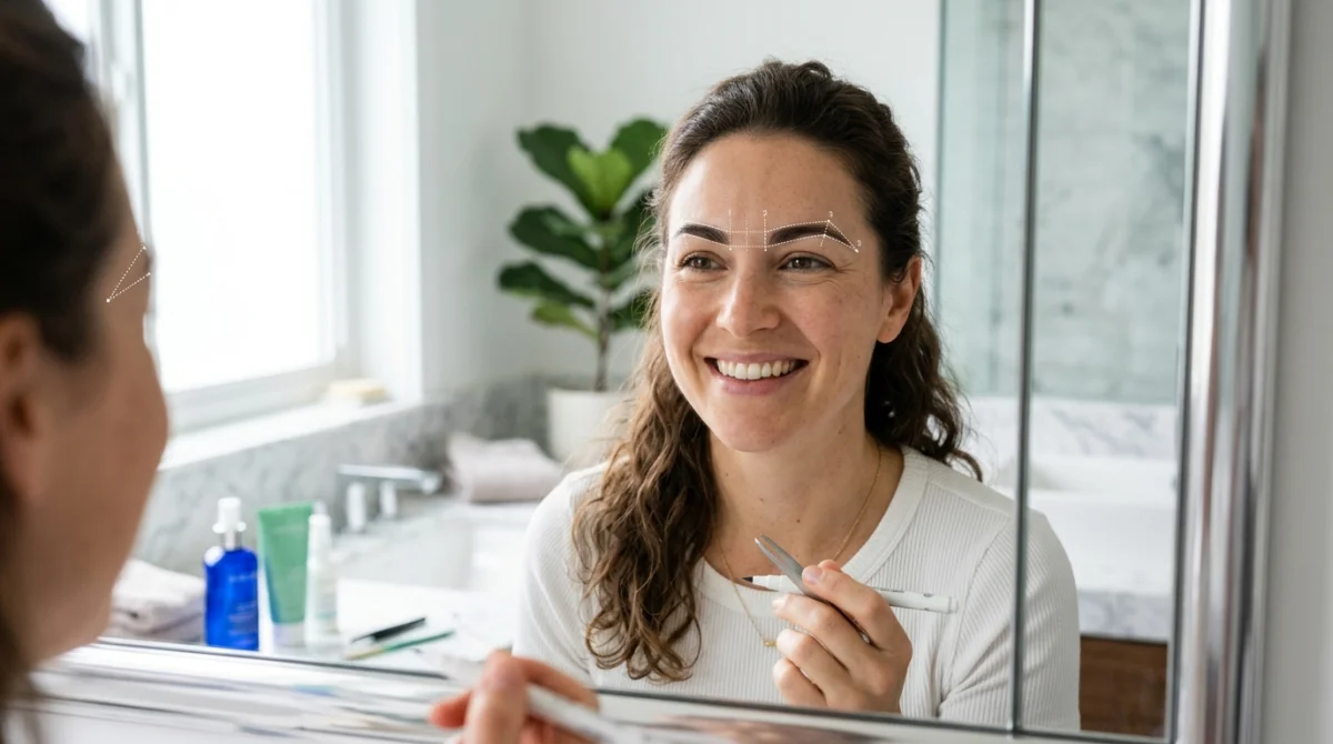 Femme se regardant dans un miroir pour apprendre comment épiler ses sourcils avec précision et naturel.