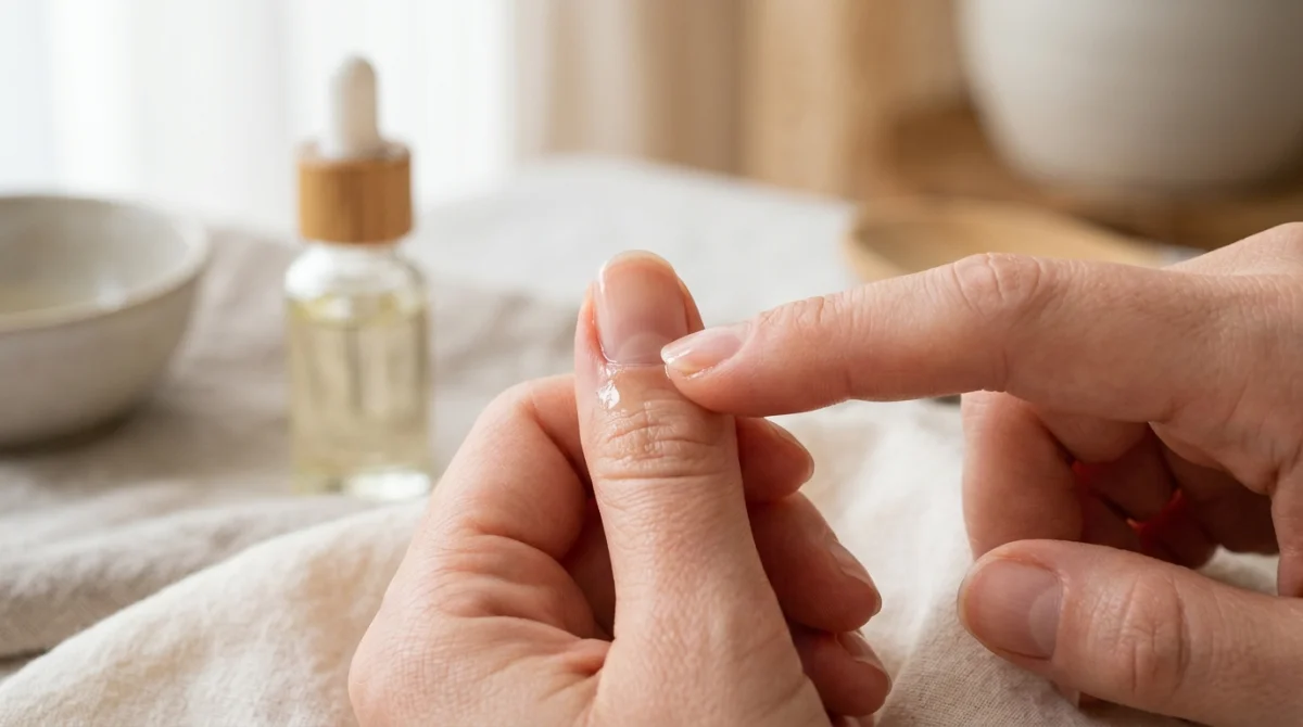 Gros plan sur une main massant délicatement la base d'un ongle pour apprendre comment faire pousser les ongles plus vite.