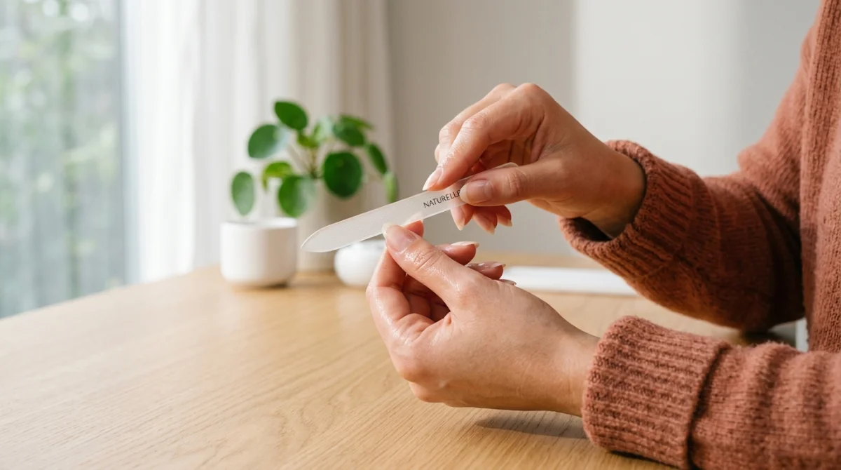 Gros plan sur des mains utilisant une lime en verre pour sculpter un ongle naturel en forme amande.