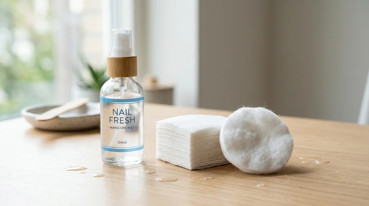 Matériel professionnel de manucure avec vaporisateur et cotons sur une table en bois pour dégraisser ses ongles.